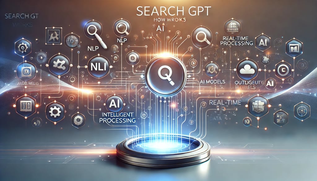 SearchGPT vs. Traditional Search: A New Era of Intelligent Answers 2 illustrating the functioning of SearchGPT. The image should visually depict a futuristic AI powered search process. Include